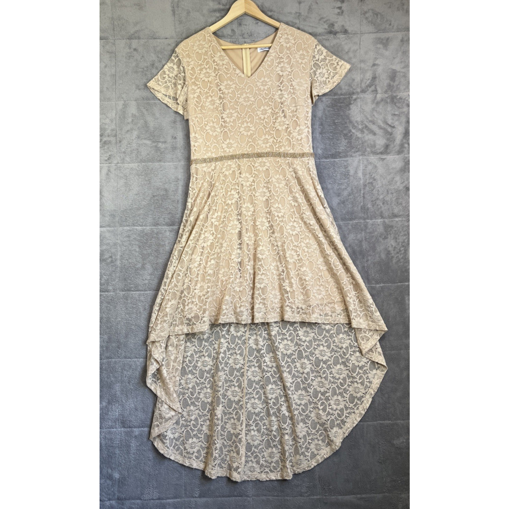 Bbonline Dress Womens XL Tan Lace Maxi Rhinestone Fairy Ethereal Whimsigoth Glam